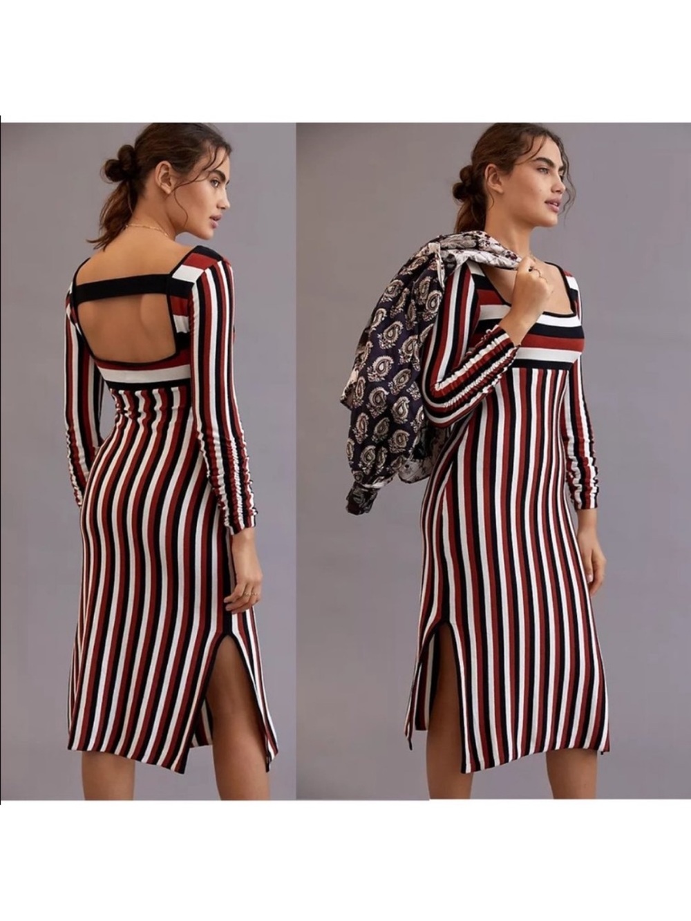 Maeve Striped Side Slit Sweater Midi Dress